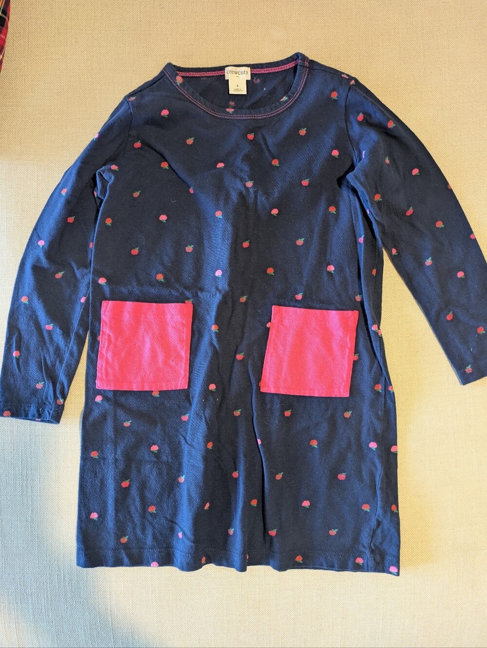 Crewcuts Navy Long-Sleeve Pocket Dress with Pink Apple Print